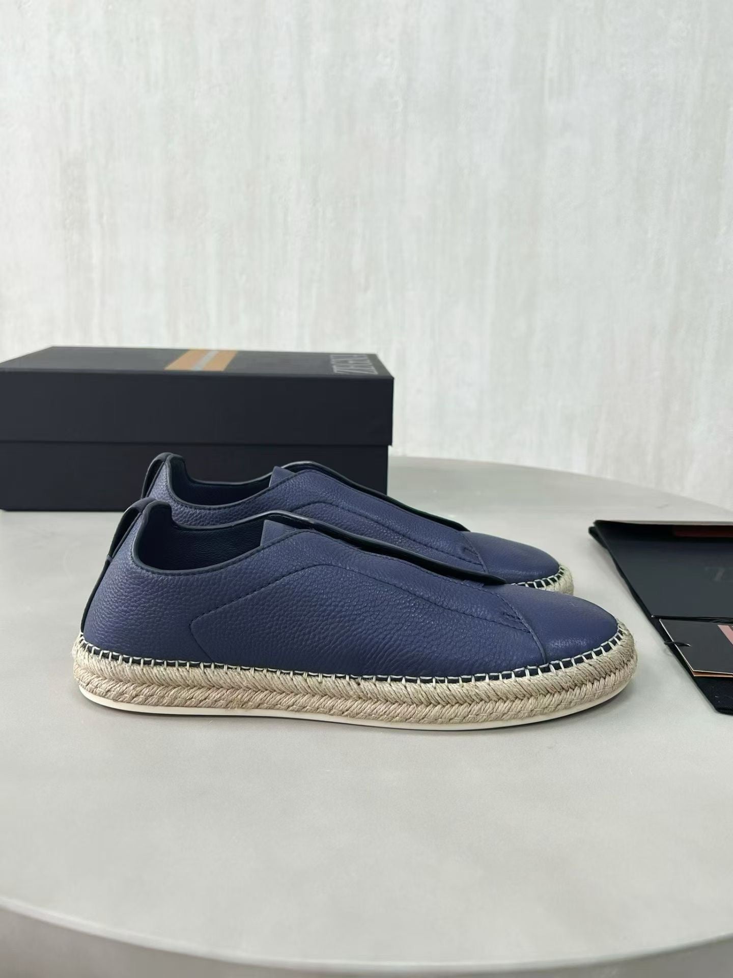 Zegna Triple Stitch Leather espadrilles(Navy Blue)