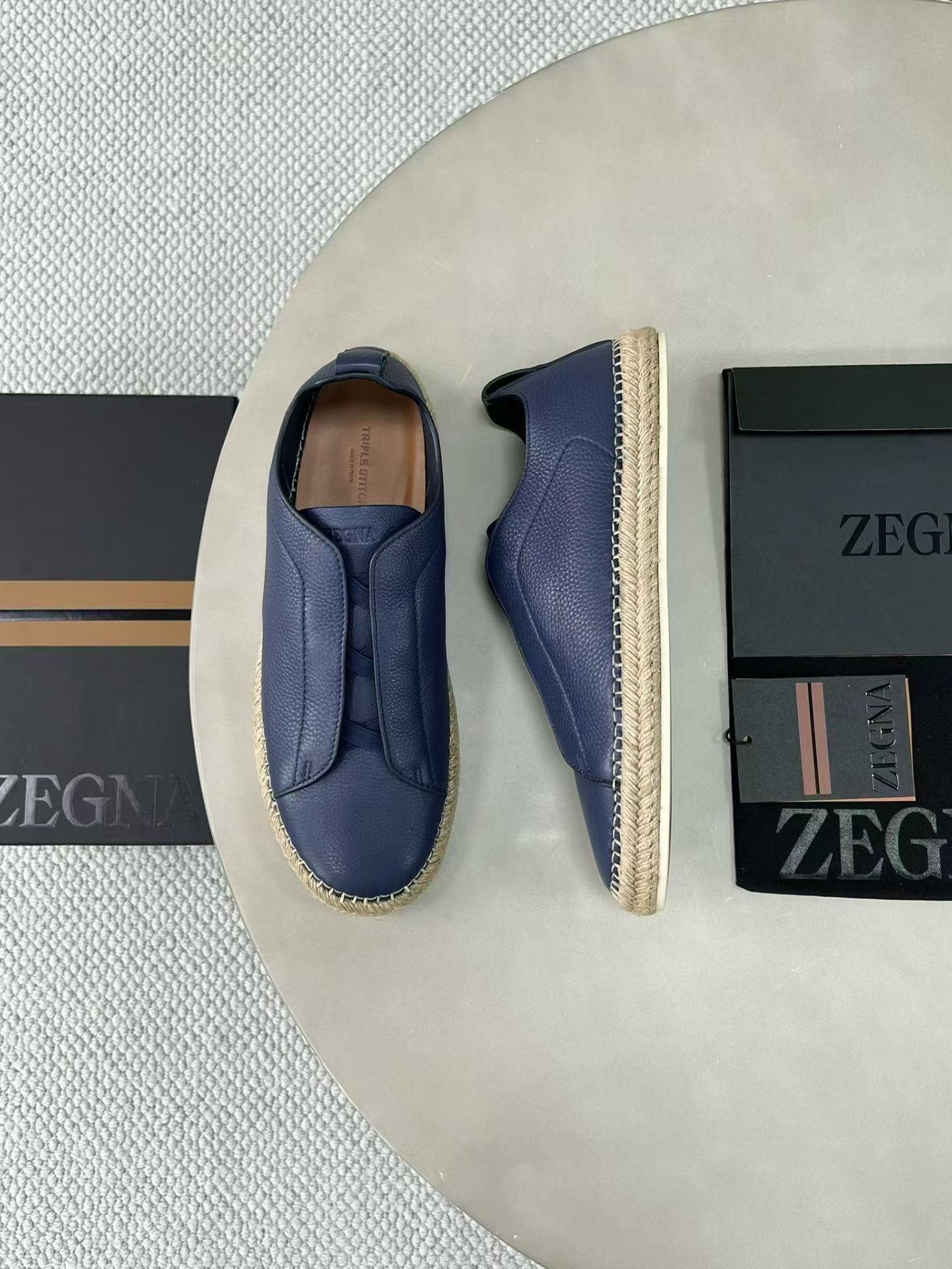 Zegna Triple Stitch Leather espadrilles(Navy Blue)