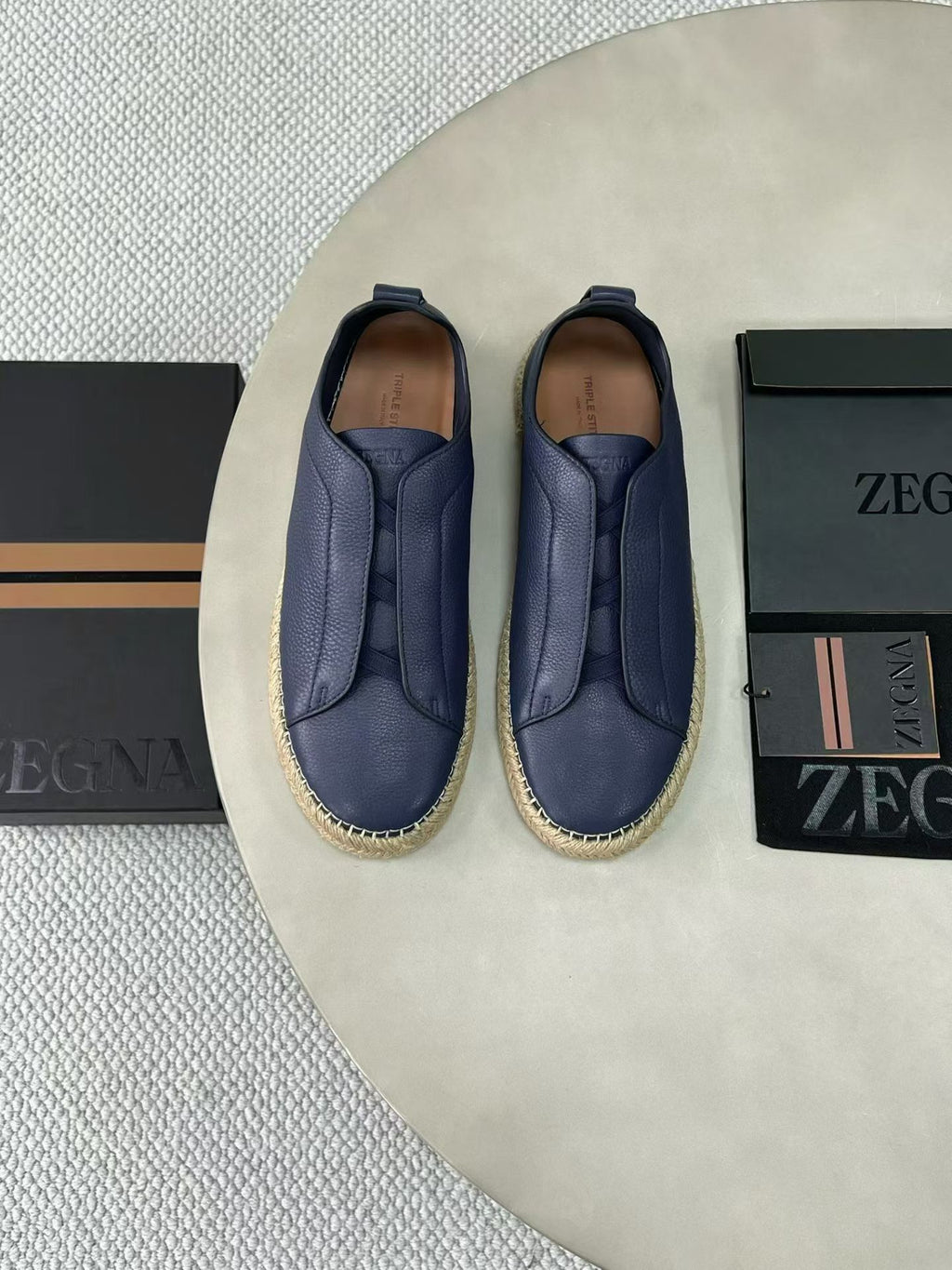 Zegna Triple Stitch Leather espadrilles(Navy Blue)