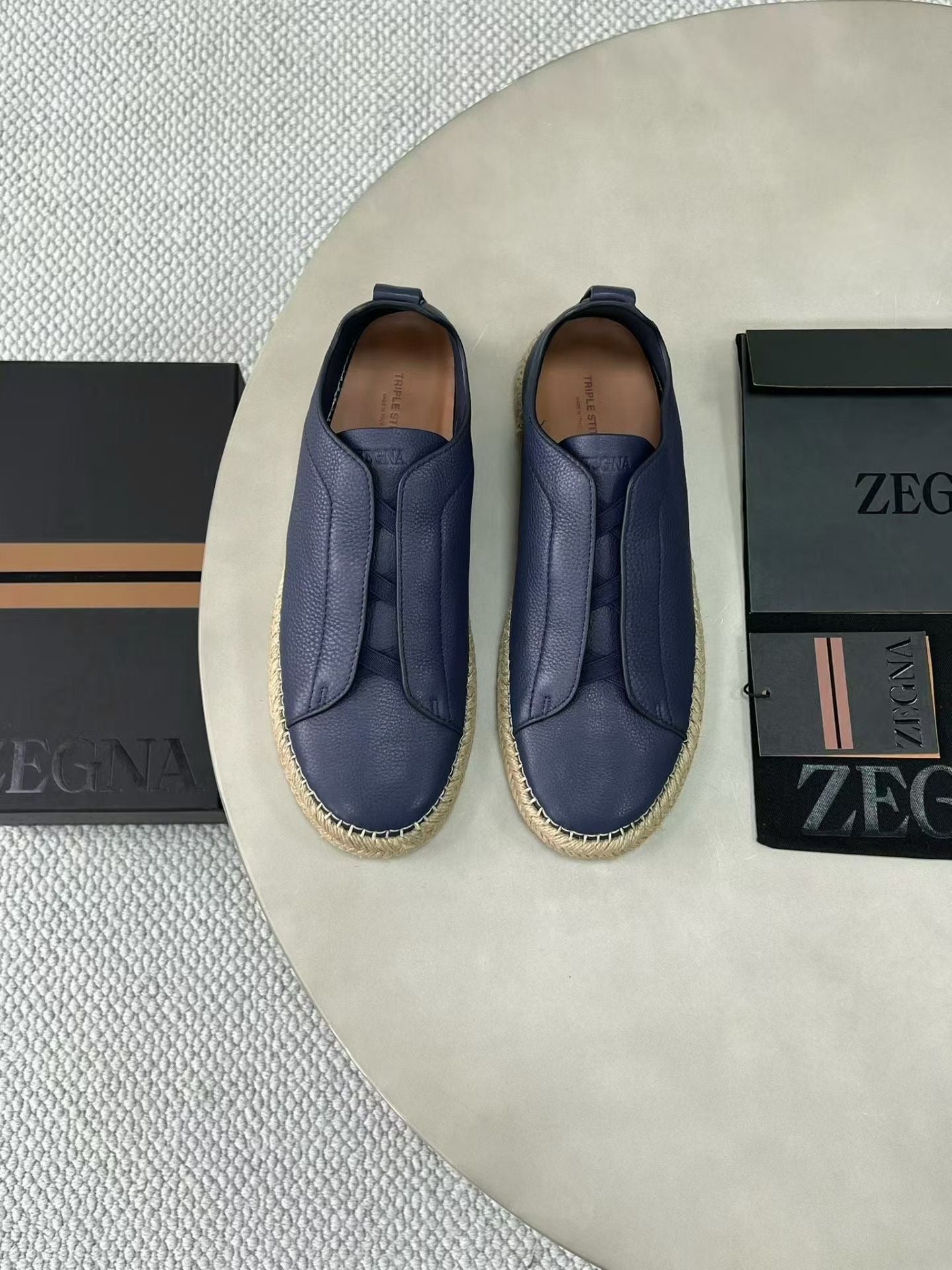Zegna Triple Stitch Leather espadrilles(Navy Blue)