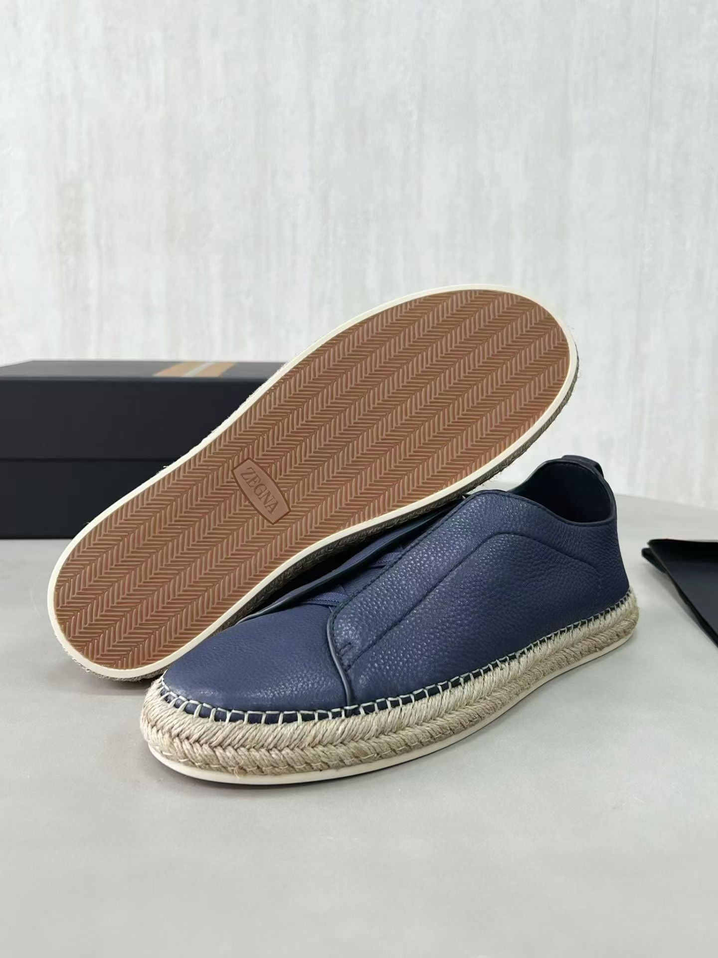 Zegna Triple Stitch Leather espadrilles(Navy Blue)